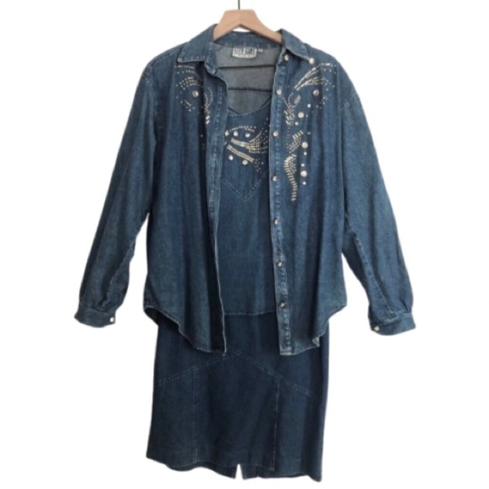Vintage City Girl Sport Denim Beaded Three Piece Skirt Top Jacket Set Outfit 10